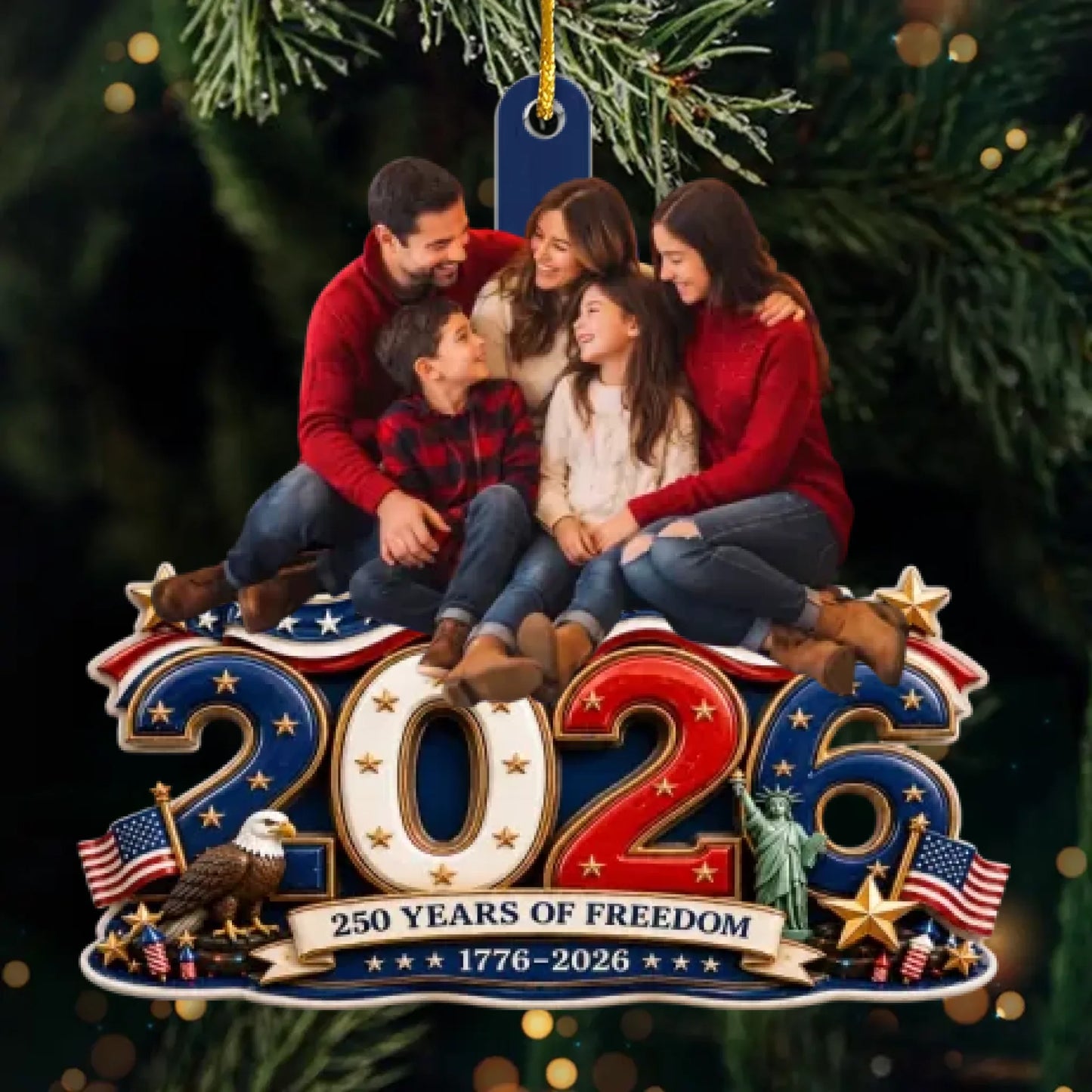 Custom Photo Acrylic Ornament - Personalized America 250th Anniversary Christmas Gifts For Mom, Dad, Brother, Sister - Land Of Free Loved Family
